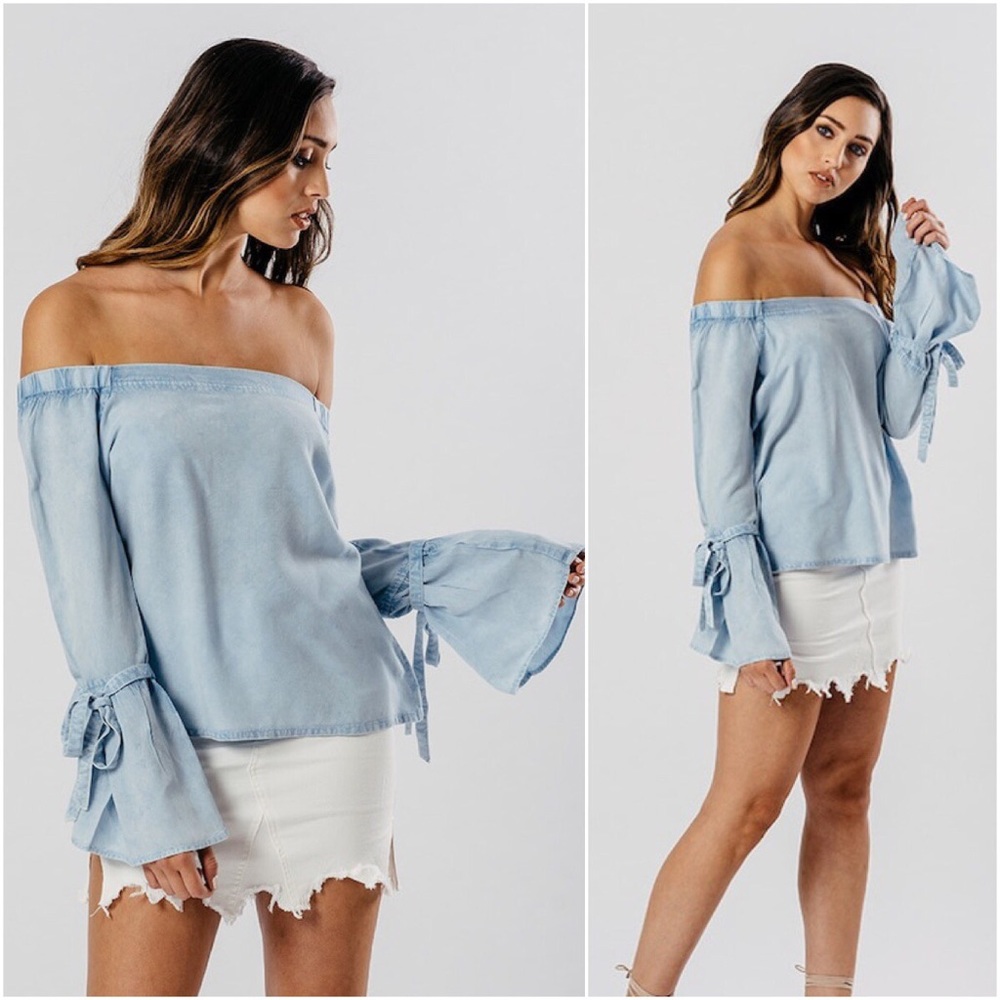 🆕LAST ONE Shae Light Wash Chambray Bardot Top - Picture 3 of 5
